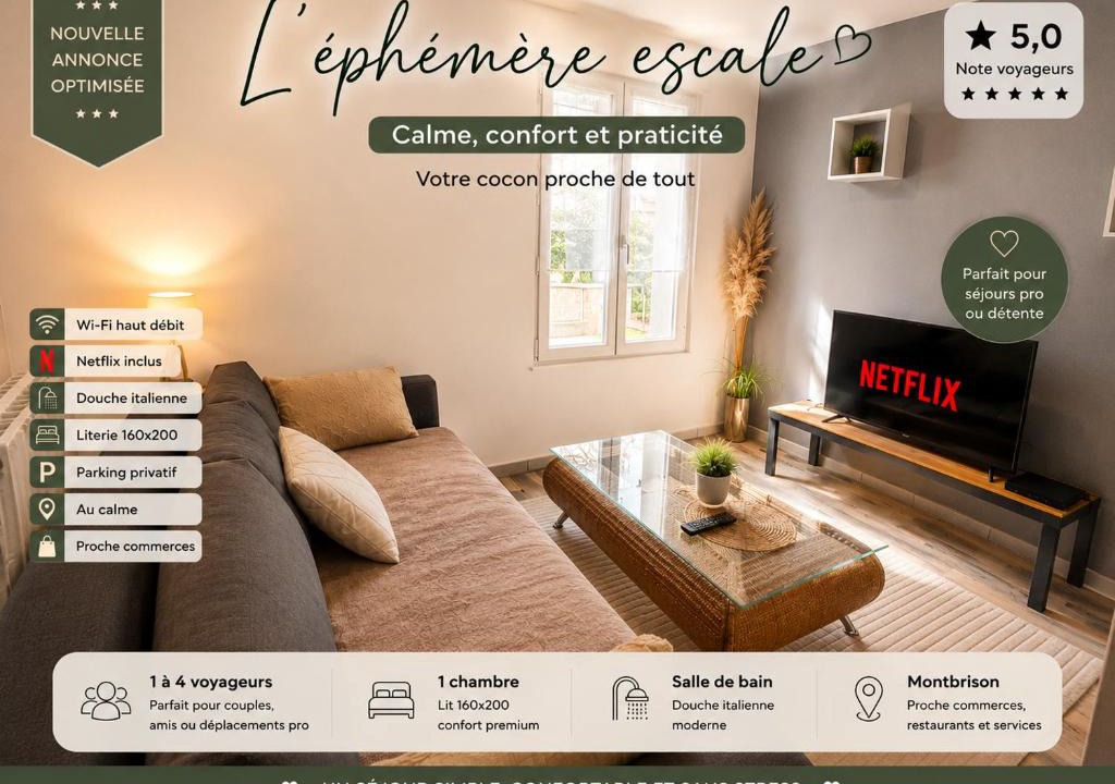 Montbrison Apartment | 'L' éphémère escale' appartement calme avec parking gratuit sur place